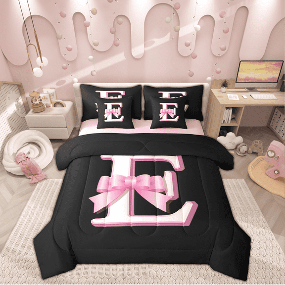 Feelyou Initial E Letter Bedding Sets Full Size, Princess Bow Comforter Sets with Sheets, Monogrammed Reversible Bed Set, Microfiber Room Decor, 7 Pieces