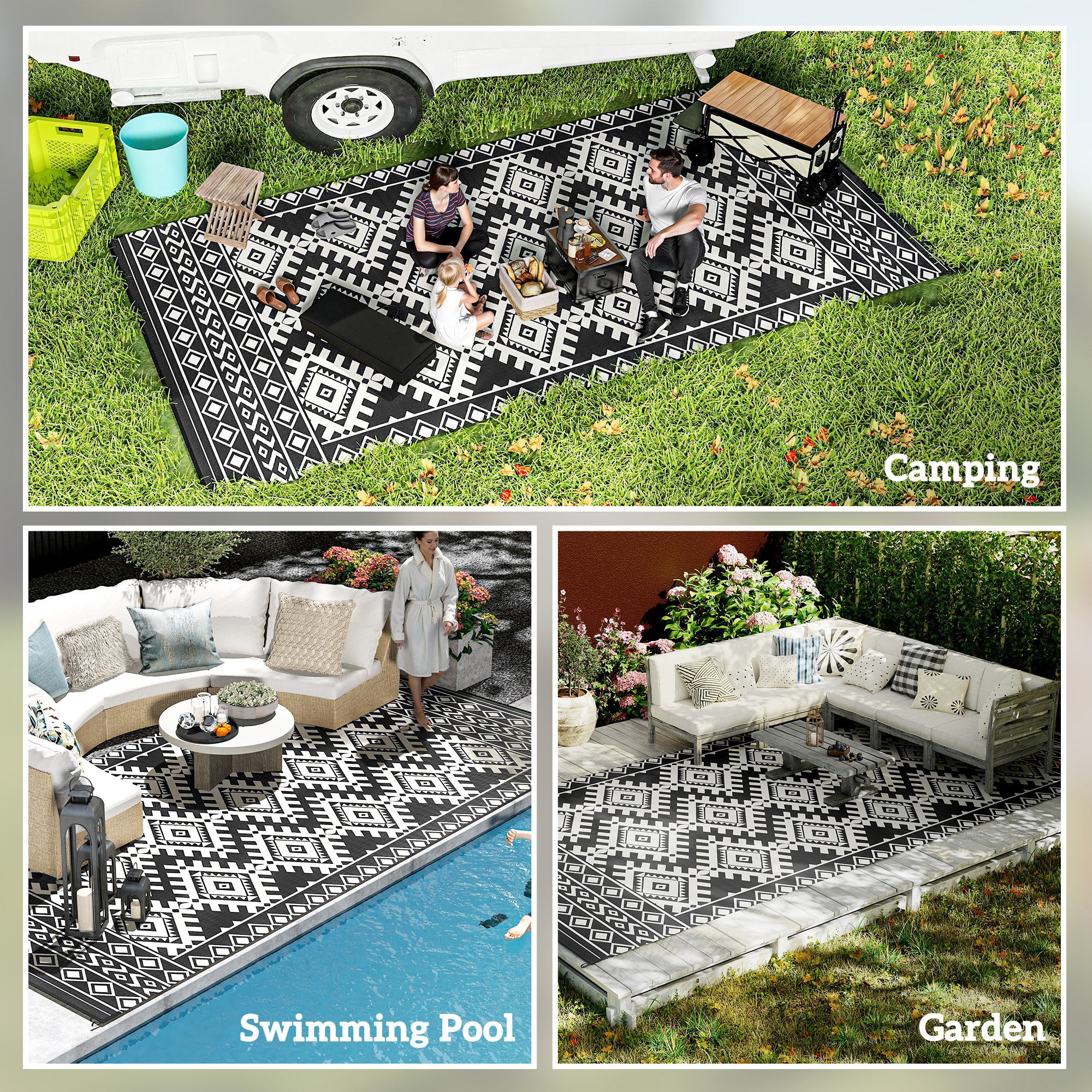 Outsunny Outdoor Patio Rug, Large Camping Carpet with Carrying Bag, 9' x 18' Waterproof Plastic Straw, Reversible, Black & White Rhombus Border