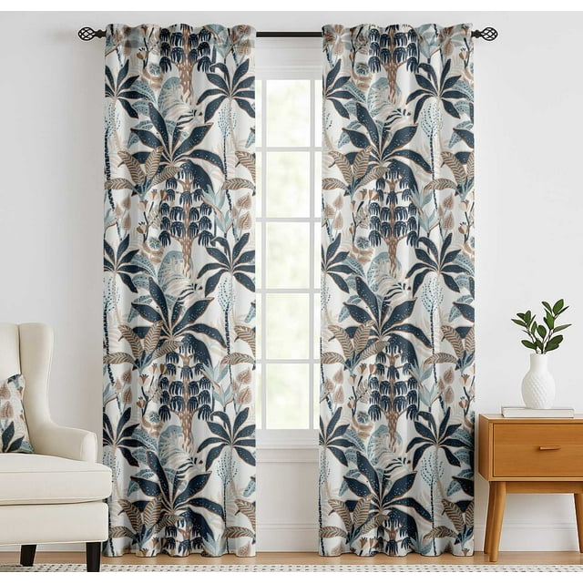 Vargottam Cotton Curtains for Windows - 3-in-1 Rod Pocket/Back Tab Short Window Drapes - Light Filtering Cotton Panels - Set of 2, 52"x63" - Vibrant Botanical Design (Blue)