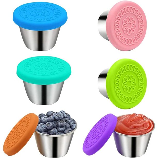 Contenedor de aderezo para ensaladas de acero inoxidable, 6 PCS Mini tazas de salsa con tapas de silicona, Mini contenedores de almacenamiento de alimentos a prueba de fugas para salsa Kuyhfg Bienvenido a Kuyhfg