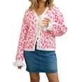 thumbnail image 3 of Women'S Fuzzy Leopard Print Sweater Long Sleeve Lace-Up Knit Crochet Long Sleeve Cardigan Pink XL, 3 of 9