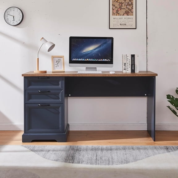 Zethvax 60" Farmhouse Executive Desk with Charging Station,Home Office Desk with 2 Drawers &1 File Cabinet,Fluted Computer Desk for Office and Home (Blue)