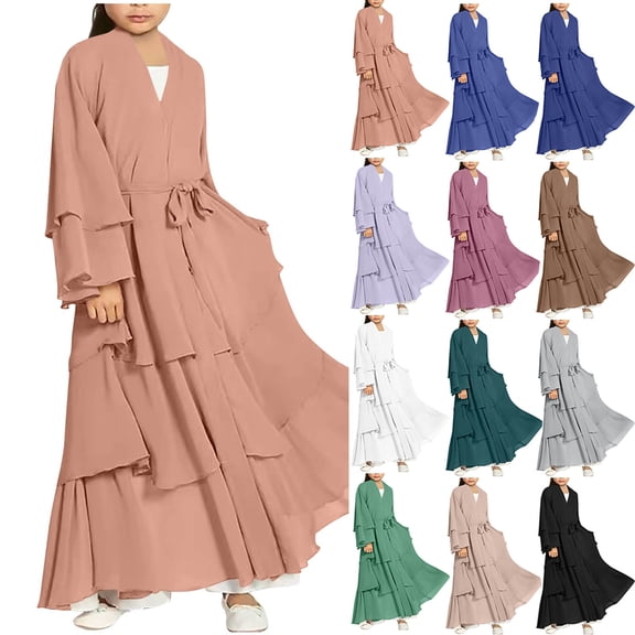 Wiyuqeen Muslim Chiffon Abaya for Girls Open Front Cardigan Modest Dress 3 Layers Ruffle Cut Middle East Arabian Robe 5-14Y