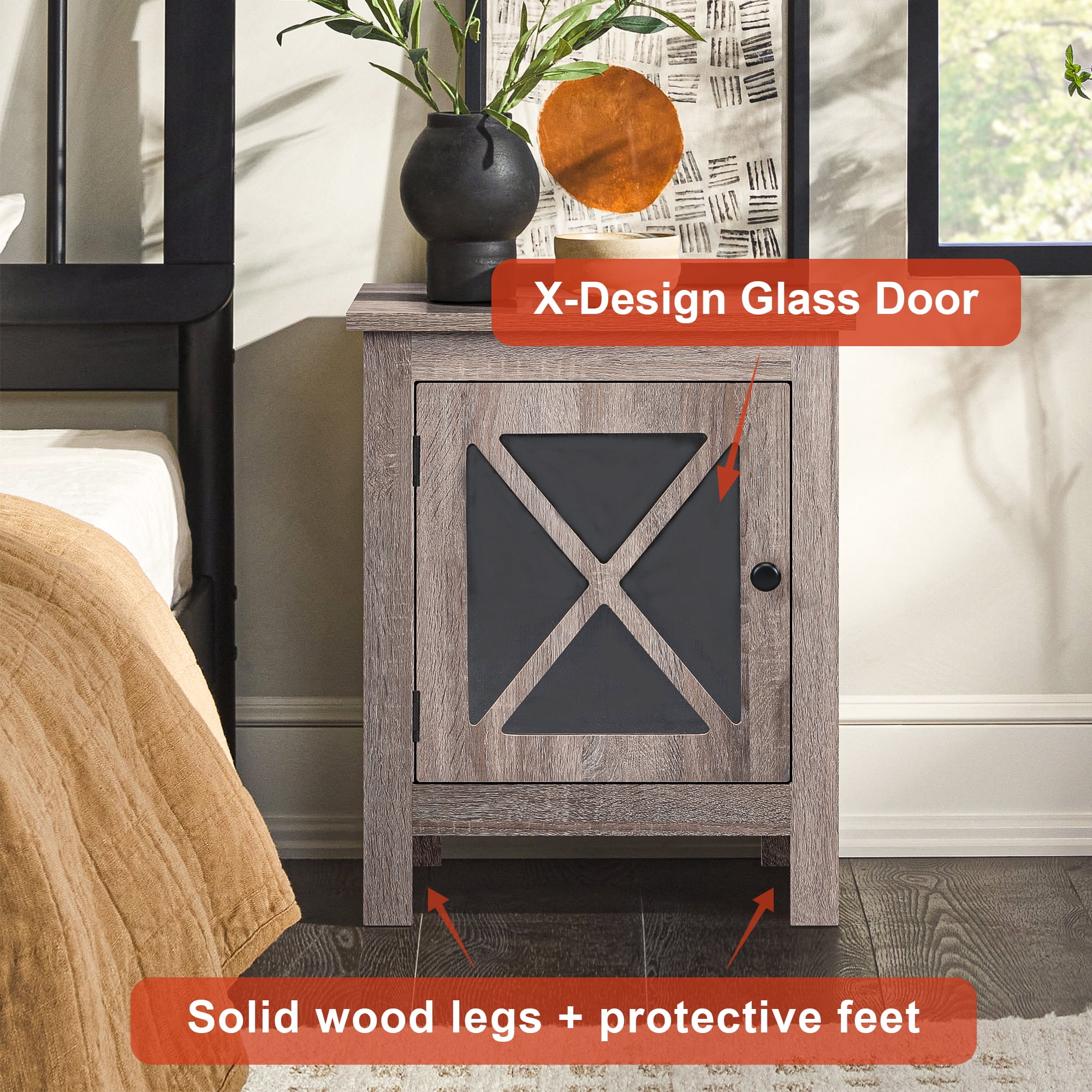 Kadyn Set of 2 Industrial Nightstand, Farmhouse Side Table End Table with X design glass Door - Light Gray Wood Kadyn Set of 2 Industrial Nightstand, Farmhouse Side Table End Table with X design glass Door - Light Gray Wood