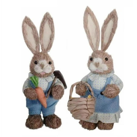 

2Pcs Straw Easter Rabbit Decorations Bunny Statues with Clothes Animal Standing Decor Crafts for Floor home and indoor Party Wedding Blue