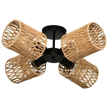 FSLiving 4 Lights Natural Twine Braiding Wall Light with 12V Retro Black RV Decorative Light RV Ceiling Light Hallway Light Ceiling Mount, E26 E27 Industrial Semi Flush Mount for RV Camper