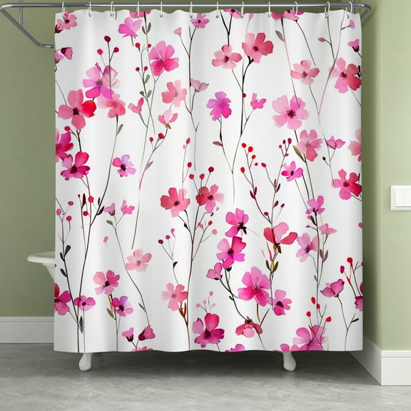 Lfeey Pink Floral Watercolor Bathroom Curtain, Waterproof Fabric Bathroom Shower Curtain with Hooks, 72x78 in
