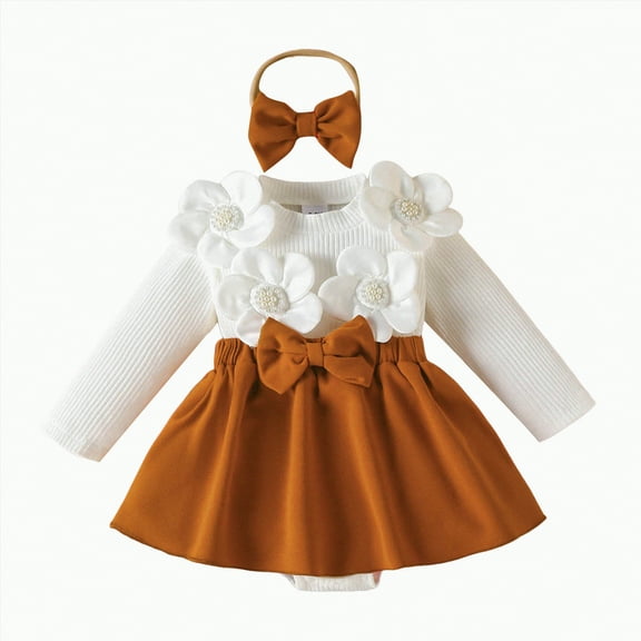 HCNTES Baby Girl Romper Dress Baby Dress Romper Flowers Lace Fall Winter Clothes with Headband(6-9 Months,Z70-Coffee)
