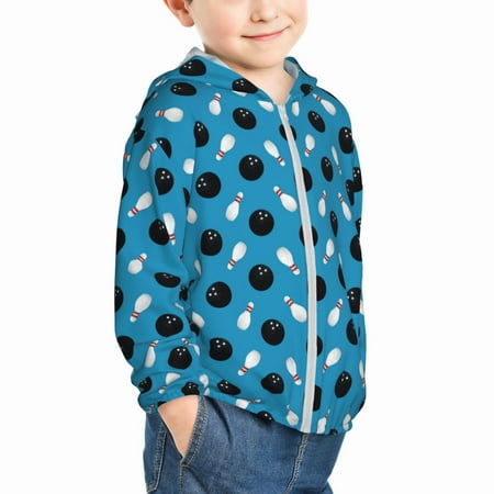 

Uemuo Bowling Balls Pattern Rash Guard for Boys Girls Long Sleeve Swim Shirts UPF 50+ UV Sun Protection Hooded Fishing Shirt with Pocket for Kid-5 Years