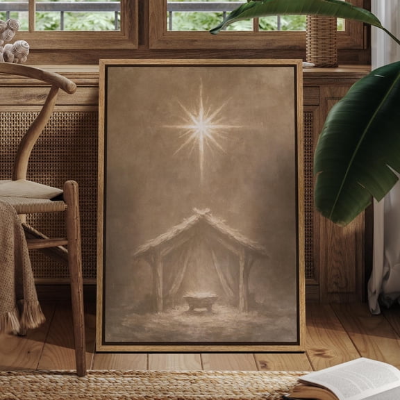 Christmas Manger Nativity Wall Art, Bethlehem Star Canvas Print, Neutral Holiday Artwork for Farmhouse Decor, 12x18 UNFRAMED