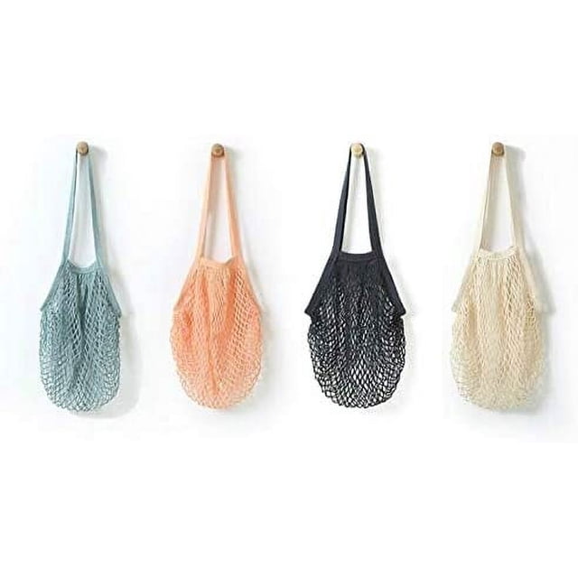 4 Pack Portable Reusable Grocery Bags Fruit and Vegetable Bag Washable Cotton Mesh String Organic Organizer Shopping Handbag Long Handle Net Tote (grey blue,Black,Beige,Pink)
