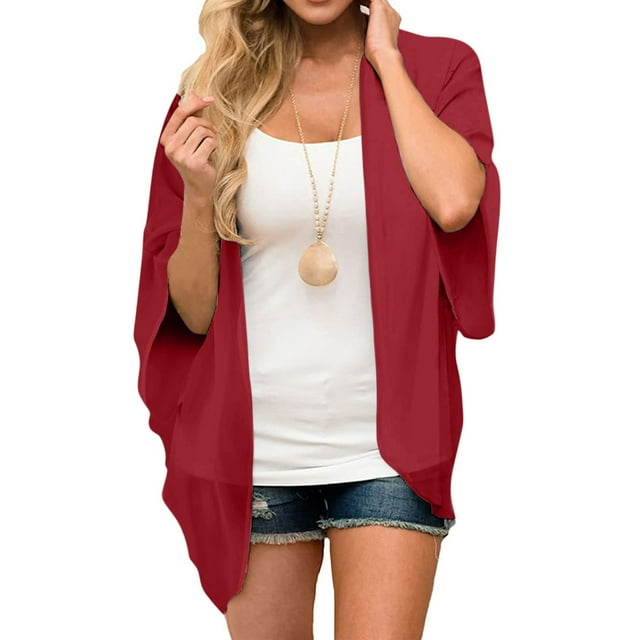 TIMIFIS Womens Floral Chiffon Kimono Cardigans Loose Beach Cover Up Half Sleeve Tops-Red-SFall