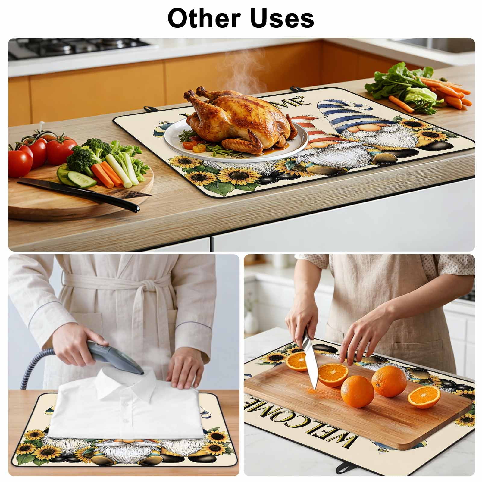 Sunflower Gnomes Stove Top Cover for Electric Stove, Heat-proof & Non Slip Glass Top Stove Cover Protector, Yellow Summer Botanical Striped Bee Vintage Kitchen Flat Cooktop Rubber Mat 24x21 Inches