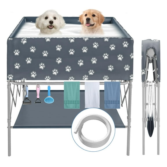 Dog Bath Tub and Portable Wash Station for Bathing Shower and Grooming, Foldable Dog Pool, Indoor and Outdoor, for Small and Medium Size Dogs, Cats and Other Pet, Gray