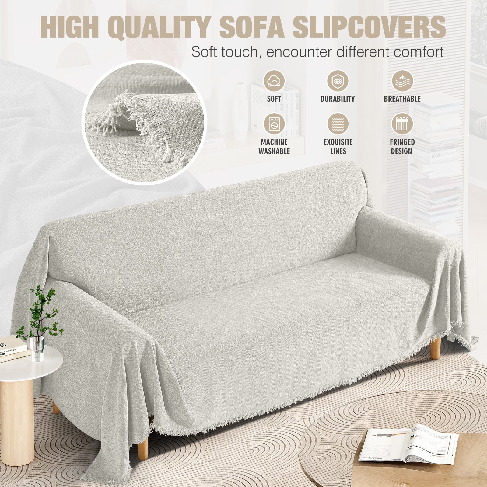 Timeles Couch Covers Washable Loveseat Sofa Covers with Tassels Sofa Blanket Soft and Durable Furniture Protector for Kids Pets (71" x 102", Cream)