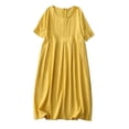 thumbnail image 1 of ameIAEA Robe en Coton et Lin pour Femmes Été Manches Courtes Col Rond Couleur Unie Robe Décontractée à Volants, 1 of 5