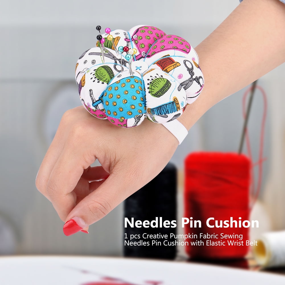 Cross Stitch Sewing Home Sewing Tools Pumpkin Shaped Pincushion Holder DIY Tool Multi-Purpose Flora Flower Fabric Sewing Needles Pin Cushion with Elastic Wrist Belt Sewing Machine Decoration
