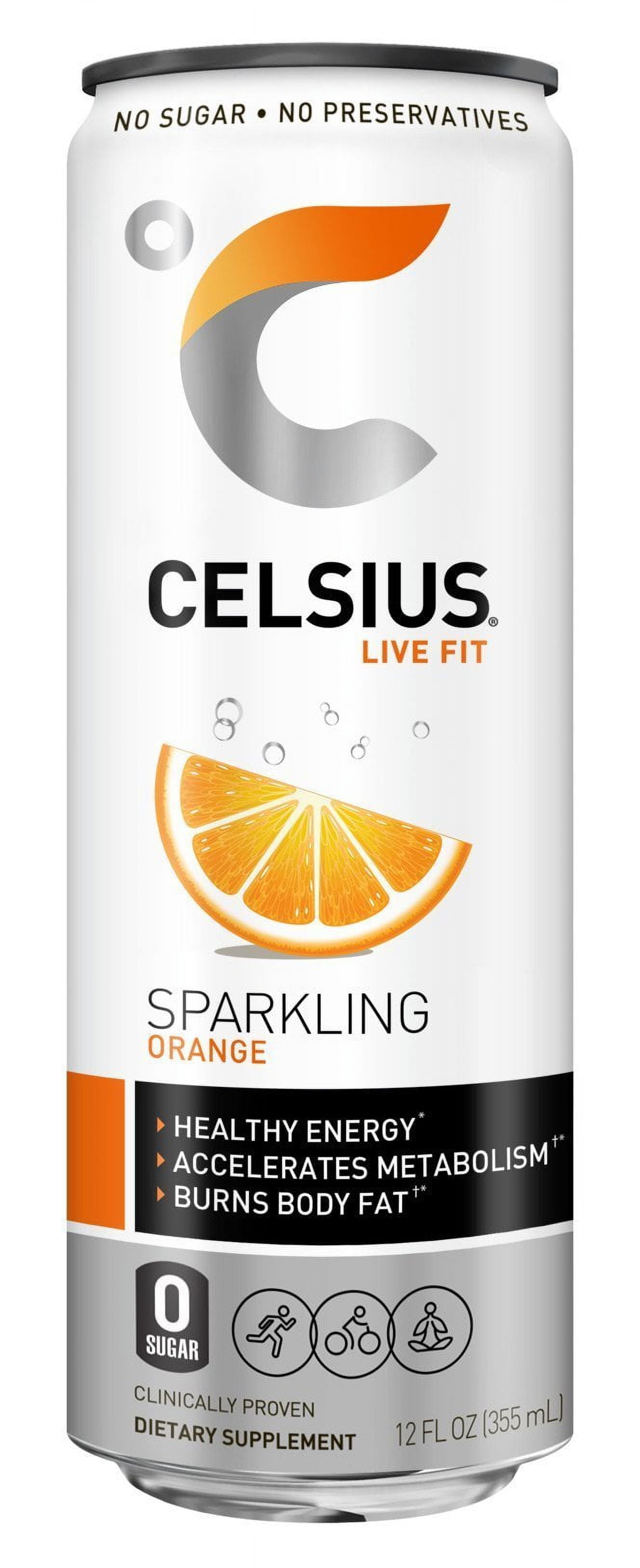 CELSIUS Sparkling Orange Fitness Drink, Zero Sugar, 12oz. Slim Can (Pack of 12)