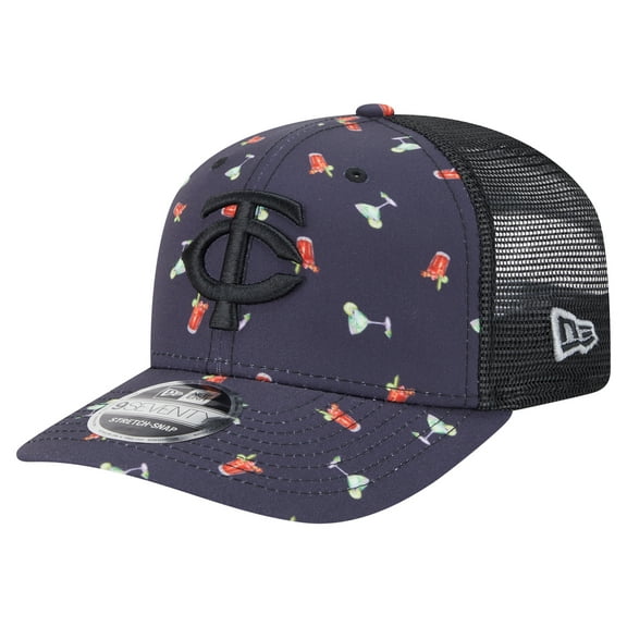 Men's New Era Black Minnesota Twins Adventure Drinks Pattern 9SEVENTY Stretch-Snap Hat