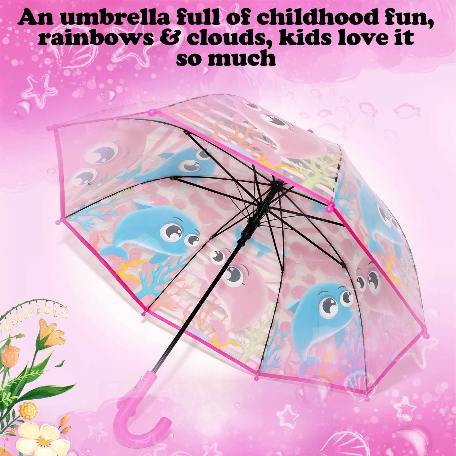 2 Pcs Kids Clear Bubble Umbrella, Unicorn Pattern with Easy Grip Curved Handle, Safe Transparent Umbrella for Toddler Girls