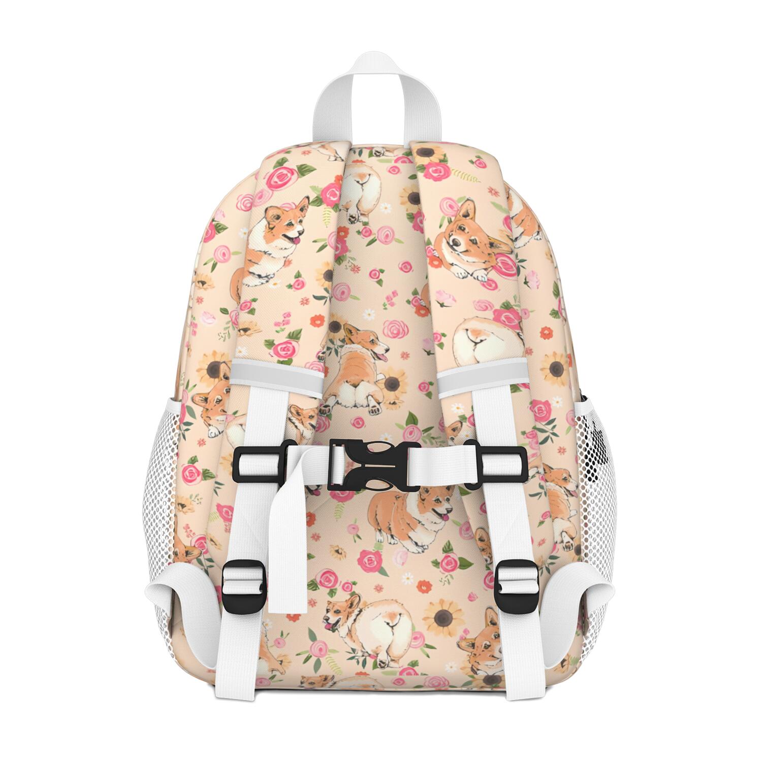 Corgi Dog and Flower Florals Backpack for School,Cute School Bag,Schoolbag with Adjustable Shoulder Straps & Padded Back,15"x11.42"x5.5"