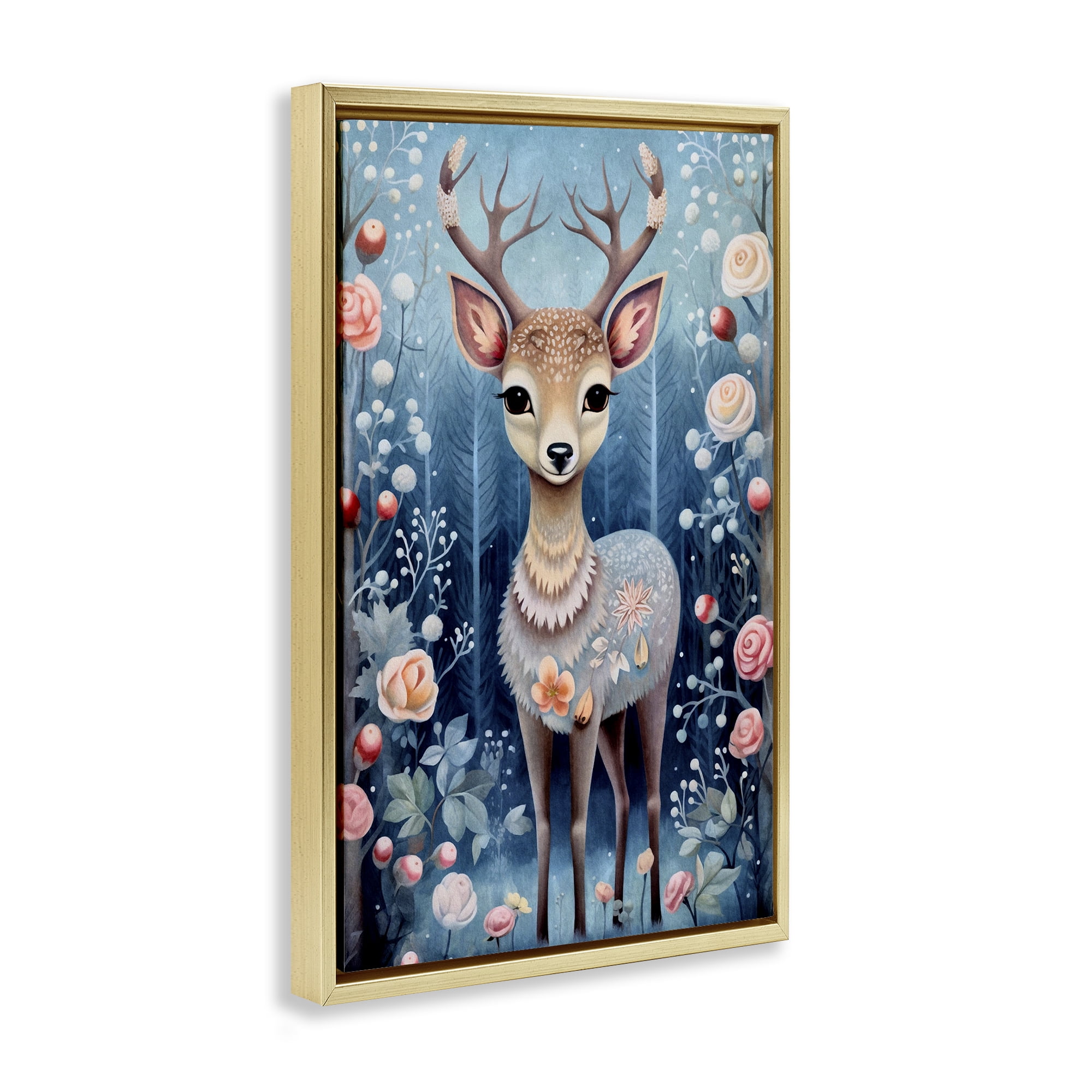 Stupell Industries Woodland Pattern Deer Animals & Insects Painting Gold Floater Framed Art Print Wall Art, 21 x 31
