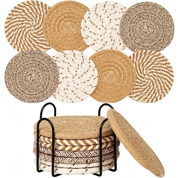 Round Placemats Set of 8, Cotton Rope Woven Table Mats, Hot Pads for Kitchen, Non Slip Heat Resistant Place Mats, 4.3 Inches Braided Placemat for Farmhouse Decor and Kitchen Table Decor