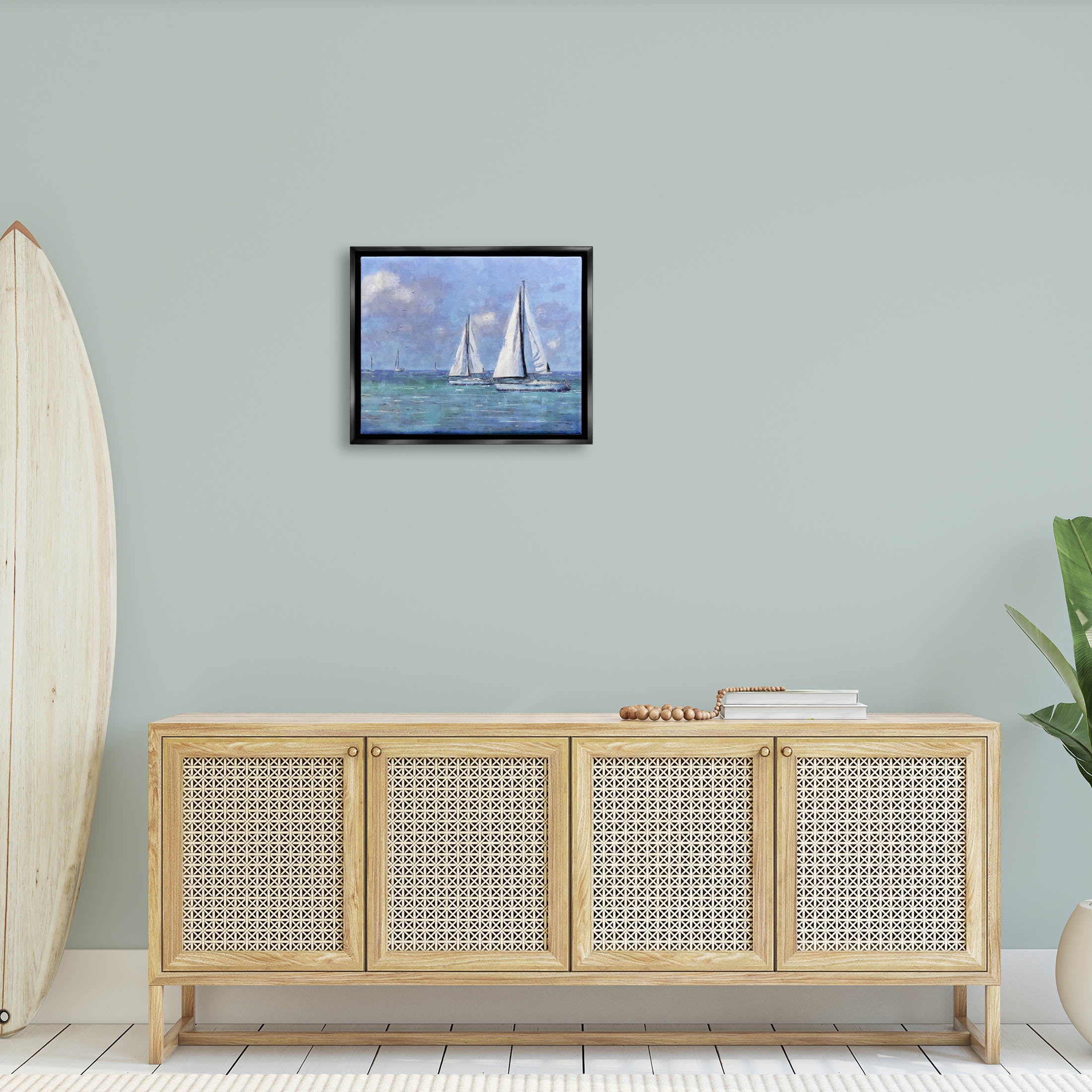 Stupell Industries Sailboats Drifting Vivid Blue Sky Painting Jet Black Floating Framed Canvas Print Wall Art, Design by Nina Blue