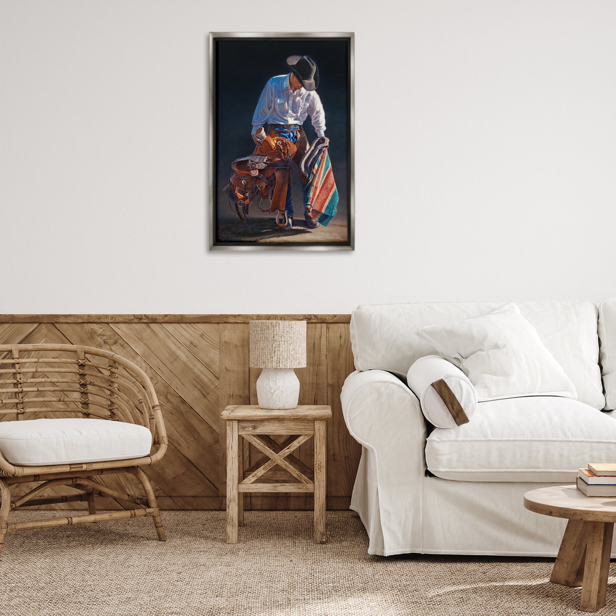 Stupell Industries Stoic Cowboy & Saddle Novelty Painting Gray Floater Framed Canvas Art Print Wall Art, 21 x 31