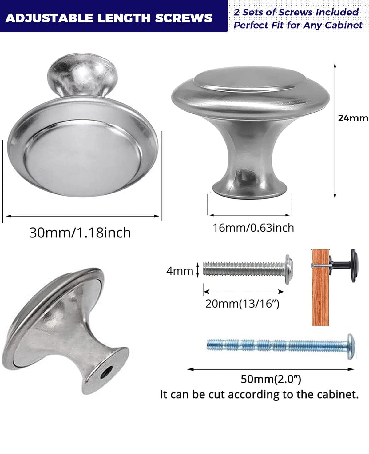 30 Pack Round Kitchen Cabinet Knobs, 1.2" 30mm Flat Black Zinc Round Drawer Knob for Cabinets Dressers,with Screw