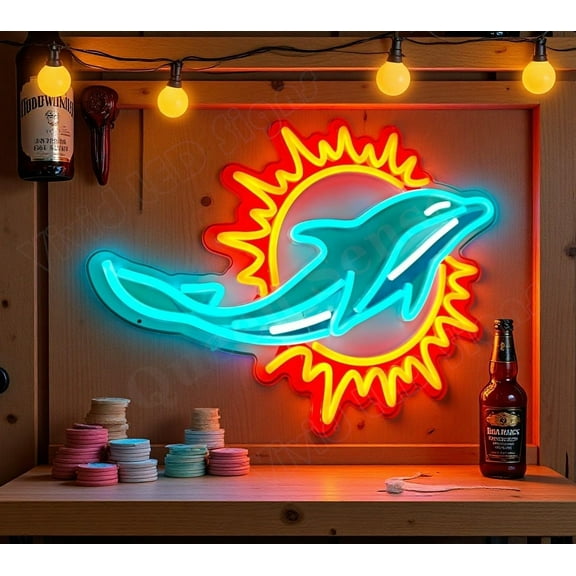 Queen Sense 16"x12" For Miamis Sports League Dolphins LED Neon Sign for Wall Decor Dimmable USB Powered LED Light W116MDLV2VVD-5VLED