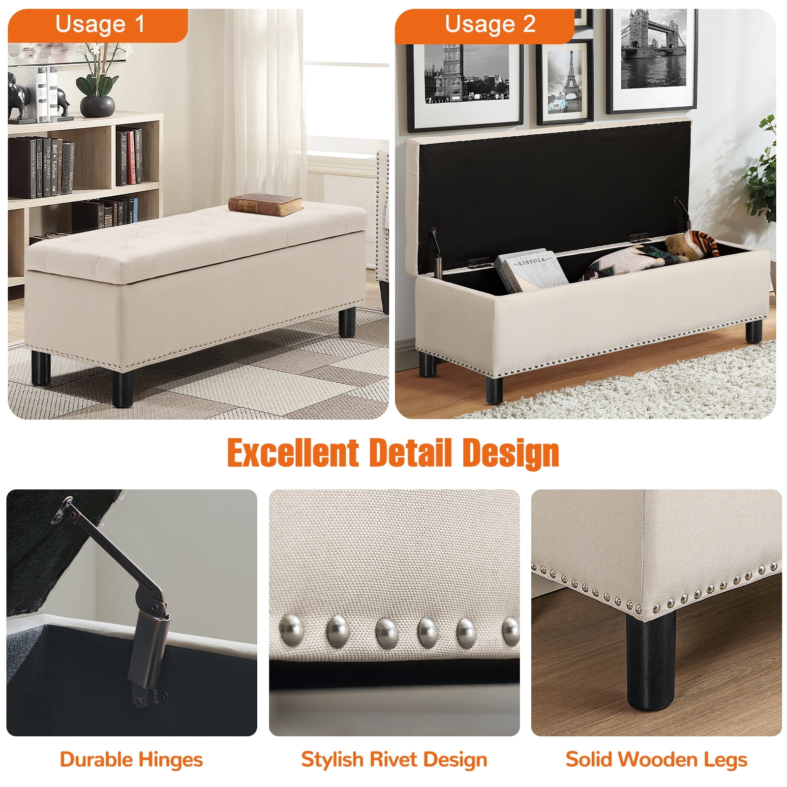 Furniliving Modern Upholstered Button Tufted Storage Ottoman Entryway Bench, Ivory