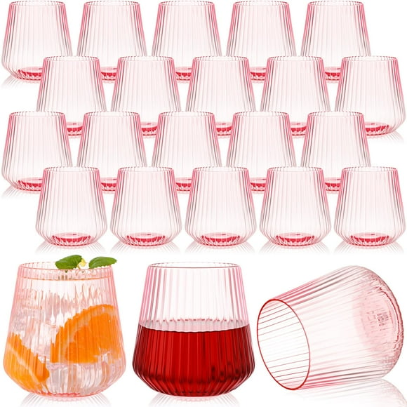 Copas de Vino de Plástico Suclain Rosadas con Textura Acanalada y Sin Tallo 400 mL x50