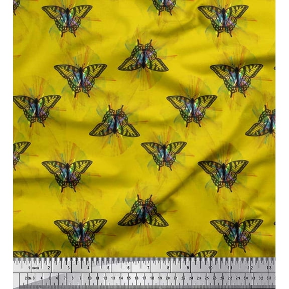 Soimoi Satin Silk Fabric Artistic Butterfly Decor Fabric Printed Yard 42 Inch Wide