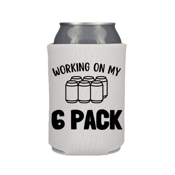 Funny Beer Can Cooler, Working On My 6 Pack, Funny Coolies Drink Accessory, Beer Sleeves, Party Gift Favors (White)