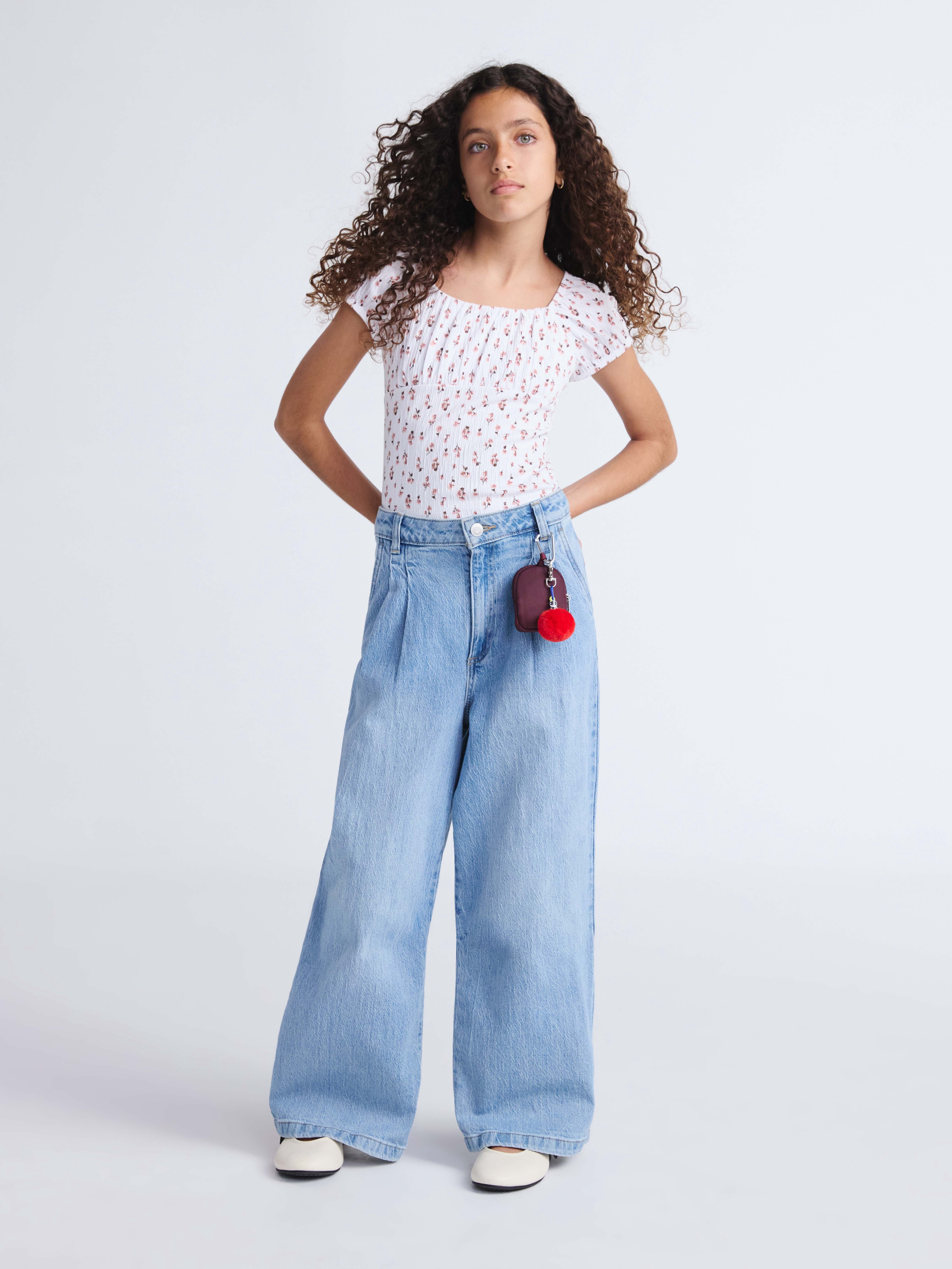 Weekend Academy Girls Wide Leg Pleated Denim Jeans, Sizes 5-18