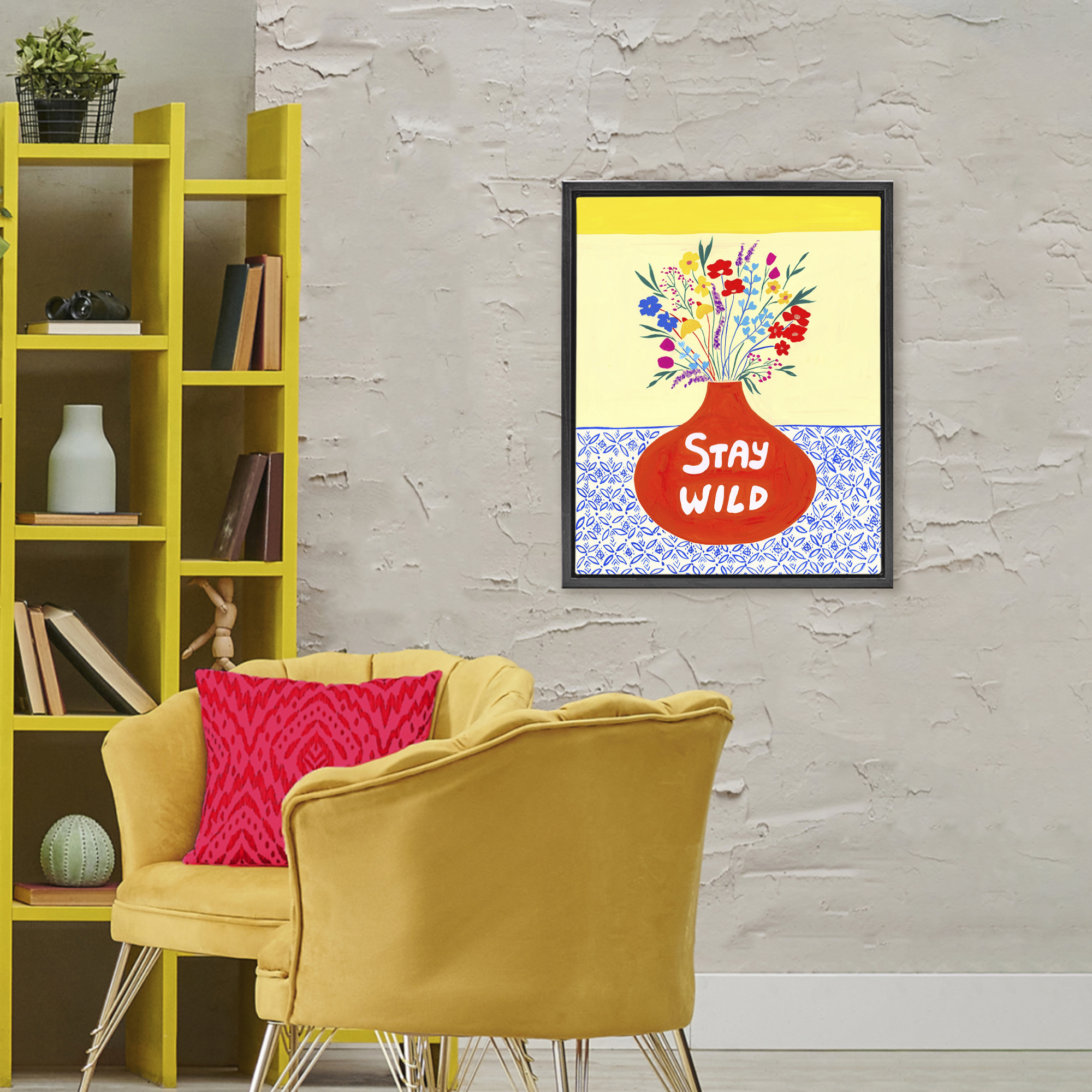 Stay Wild Midcentury Flowers Black Framed Floater Canvas Wall Art, design by Nabeela Rumi