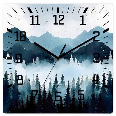 Forest Mountain Wooden Wall Clock Silent Non Ticking, Vintage Peak Nature Sky Star Landscape Square Wall Clocks Battery Operated, Decor Clock for Home Office, Living Room, Kitchen, 10 Inch