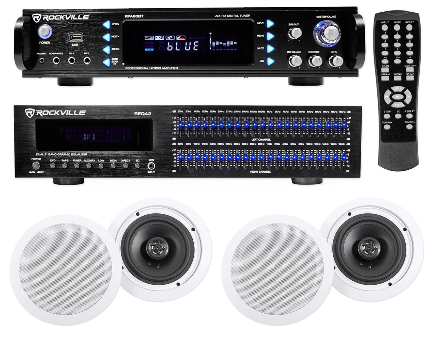 Rockville Home Theater Bluetooth Receiver+Equalizer EQ+(4) 6.5" Ceiling