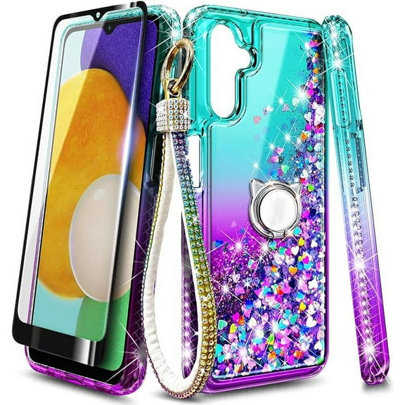 Nagebee Phone Case Compatible for Samsung Galaxy A54 5G with Tempered Glass Screen Protector (Full Coverage), Sparkle Glitter Flowing Liquid Waterfall [Ring Holder & Wrist Strap] Girls (Aqua/Purple)