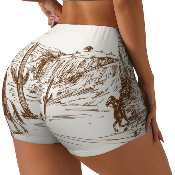 Fotbe Western Desert Cowboys Shorts Sin Costuras – Shorts Deportivos de Cintura Alta para Mujer, Elásticos para Gimnasio, Yoga, Running o Ciclismo-Large