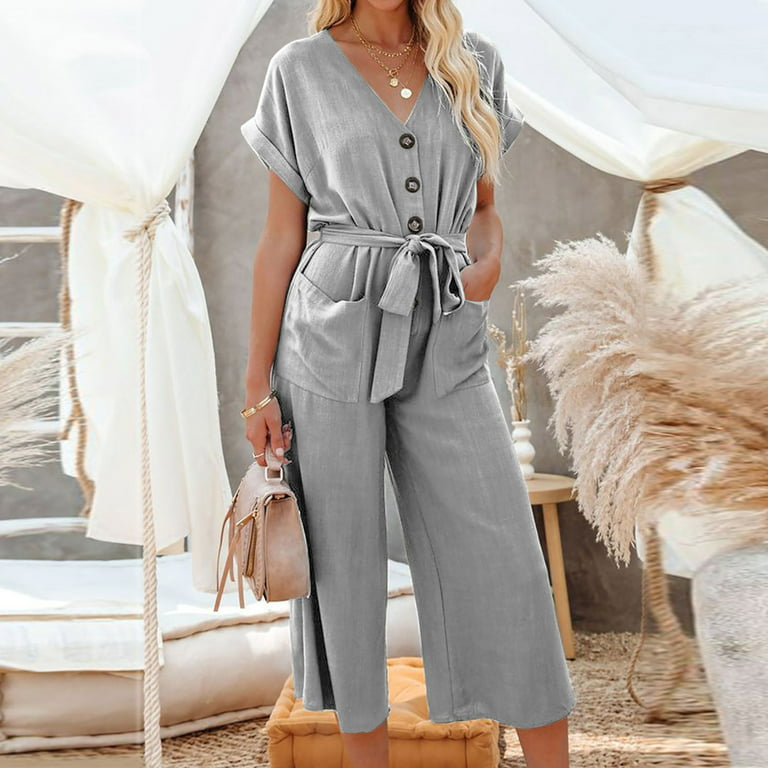 SELONE Plus Size Jumpsuits for Women Casual Short Wide Leg Loose Fit Pants  Ladies Travel Comfortable 2023 Vacation Jumpers and Rompers Casual Short  Sleeve Lace with Pockets Solid Color Gray M 