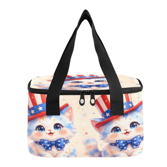 6L Insulated Lunch Bag Square Handheld Cooler Tote Cute Patriotic Cat Illustration Reusable Thermal Bag with Polyester & Aluminum Lining for Work Picnic Travel