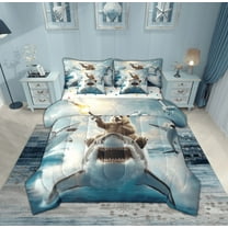 Feelyou Bear Riding Shark Bedding Comforter Set 7pcs for Kids, Kawaii Cartoon Animal Queen Bedding Sets, Cute Sealife Reversible Queen Sheet Sets, Super Cozy Room Decor