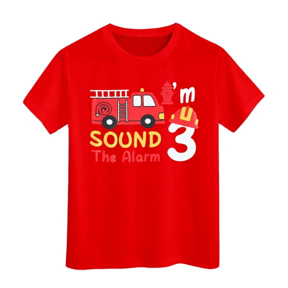 Byoo Toddler Boy's Fire Truck Graphic T Shirt Birthday Fire Truck Print Crew Neck Short Sleeve Summer Tshirt Breathable Tee Shirt