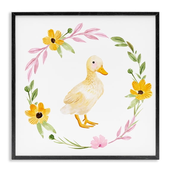 Stupell Industries Farmhouse Duckling with Daisy Wreath Black Framed Giclee Art, 12 x 12, by Enya Todd