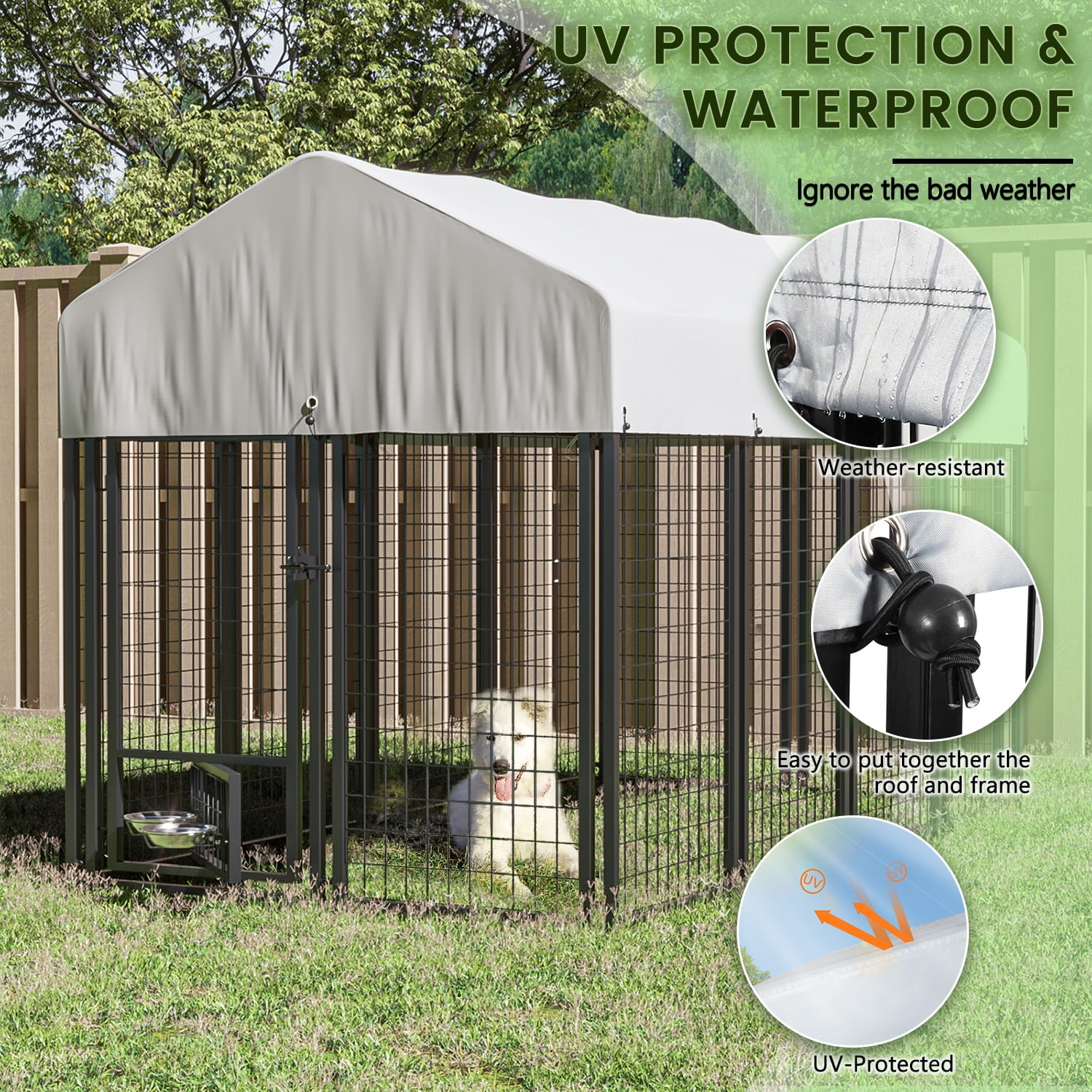 Waleaf 8x4x4 ft Outdoor Dog Kennel Cage for Large Dogs,Large Dog Kennel with Rotating Bowls for Outdoor,Pet Dog Run Enclosures for Dog Crate with Waterproof UV-Resistant Cover and Secure Lock