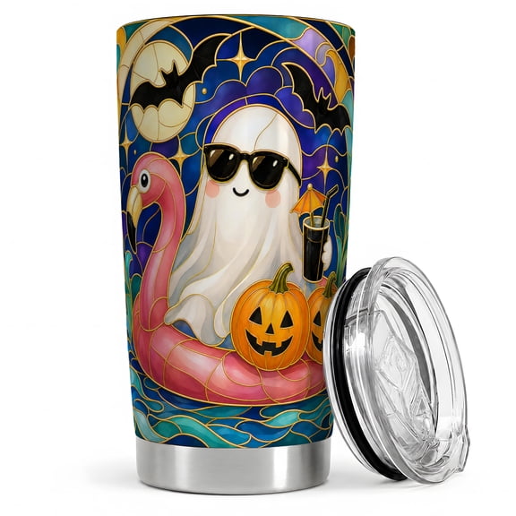 Halloween Ghost Flamingo Float 20oz Tumbler, Ghost Pumpkin Tumbler, Holiday Drinkware for Travel, Stained Glass Night Art, Tropical Bat Jack O Lantern Decor, Men Women Spooky Beach Fans