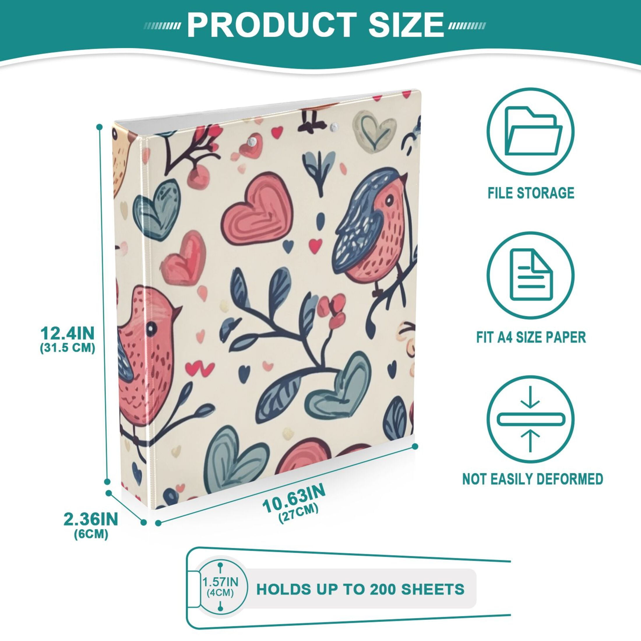 Valentines Day Hearts Birds 3 Ring Binders 1.5 inch Hardcover File Folders with Interior Pockets A4 Size Organizer for School Office Hospital