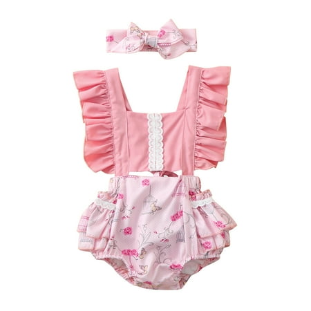 

Mikilon Newborn Infant Baby Girl Ruffle Lace Floral Print Romper Hendbands Summer Outfits Infant Onesies Girls 12-18 Months Pink 2023 Deal